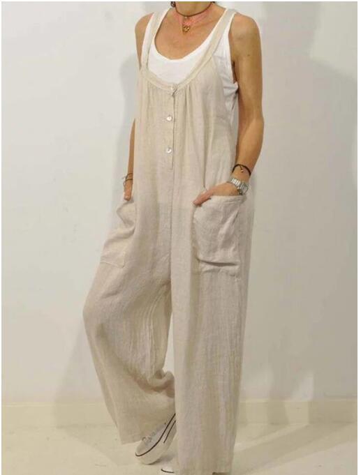 Cotton And Linen Solid Color Elastic Button Jumpsuit