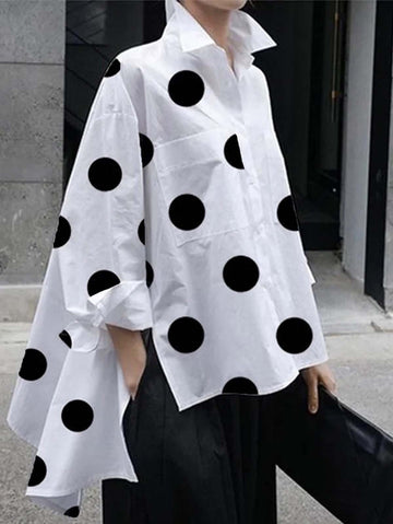 French long-sleeved polka-dot commuter cotton pullover white lapel shirt