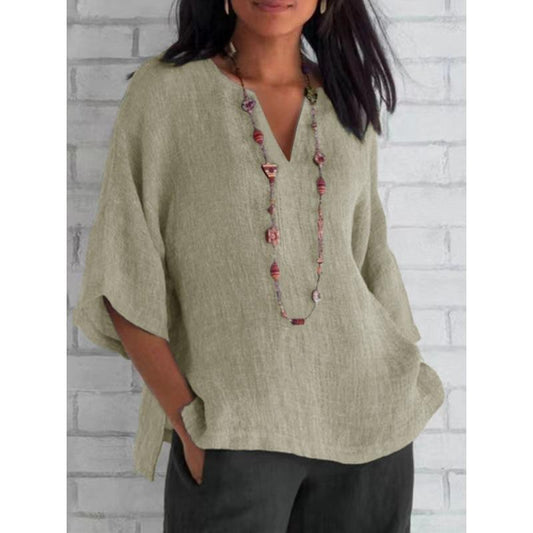 V-neck 3/4 sleeve linen solid color loose casual top