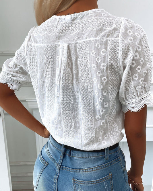 Women's V Neck Short Sleeve Lace Lace Top Shirt