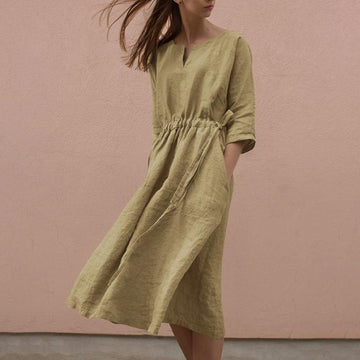 Casual tie V-neck cotton linen mid-sleeve dress