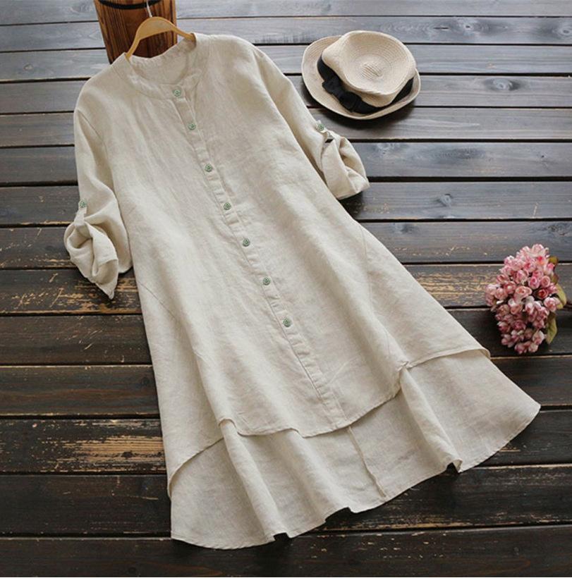 Women's Solid Color Button Cotton Linen Long Sleeve Long Shirt