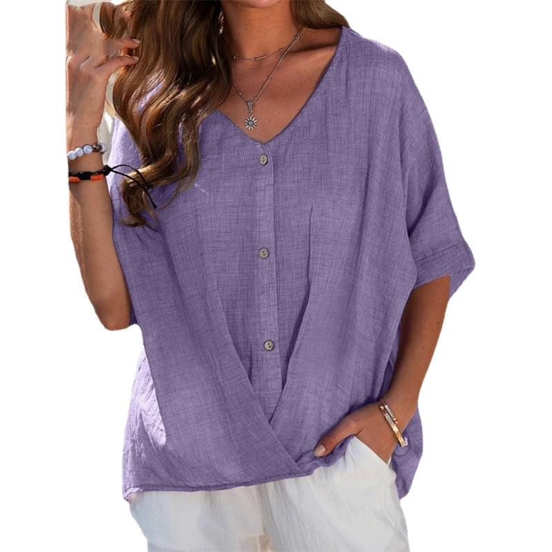 Cotton linen button V-neck pullover shirt casual top