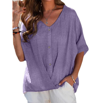 Cotton linen button V-neck pullover shirt casual top