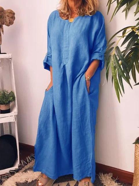 Women's cotton linen solid color loose dress