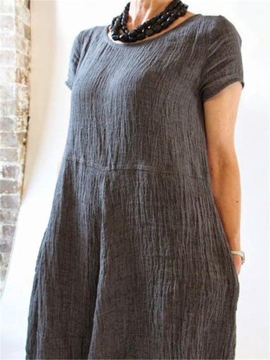 Solid Color Retro Loose Cotton Linen Dress