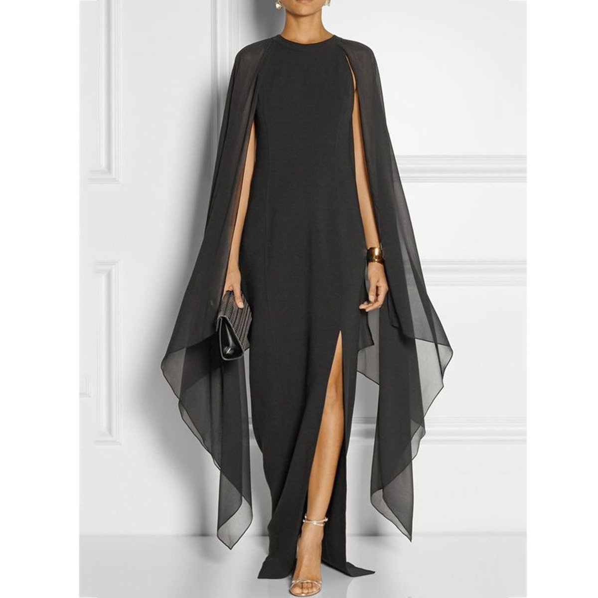 Elegant Thigh Split Hem Cloak Sleeve Maxi Dress