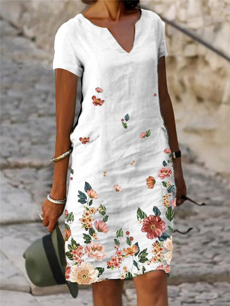 Floral Print Cotton Linen Short-Sleeve Mid-Length V-Neck Dress