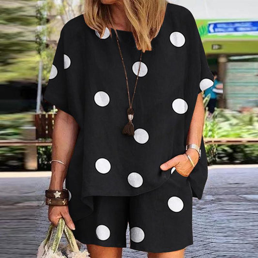 Women's Polka Dot Print Round Neck Loose Two-piece Set