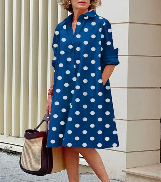 Polka-dot print shirt collar long-sleeved pocket midi dress