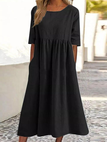 Round Neck Casual Loose Long Solid Color Cotton Linen Dress