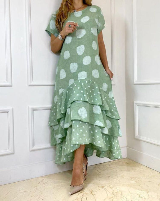 Short Sleeve Round Neck Polka Dot Swing Long Dress