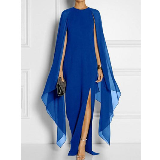 Elegant Thigh Split Hem Cloak Sleeve Maxi Dress