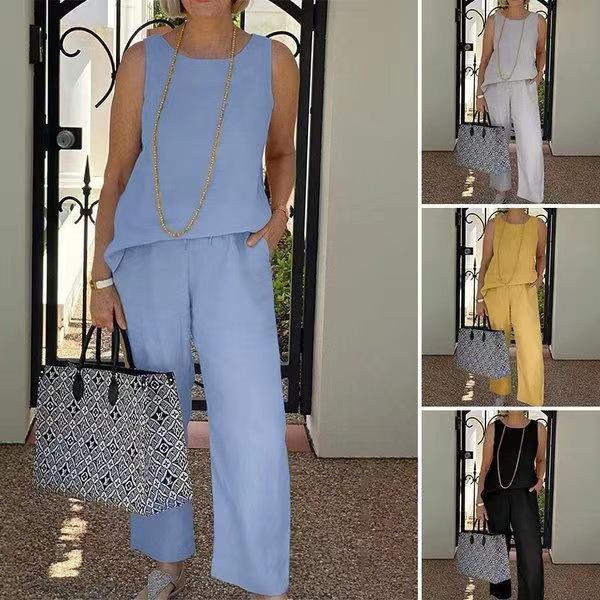 New Cotton And Linen Sleeveless Top Cropped Wide-leg Pants Two-piece Set