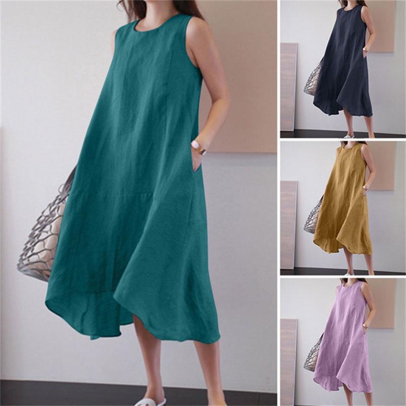 Elegant Plain Boat Neck Sleeveless Asymmetrical Hem Maxi Dress