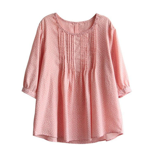 Printing And Dyeing Small Dot Flower Middle Sleeve Lace Collar Loose Jacket Doll Shirt