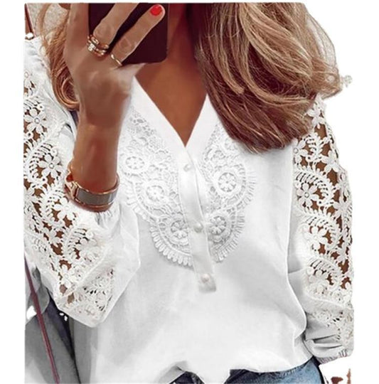 V-neck lace top print stitching long-sleeved shirt