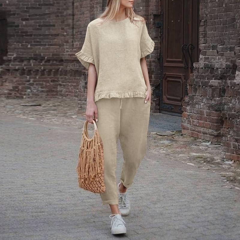 Solid color retro cotton and linen casual long-sleeved loose suit