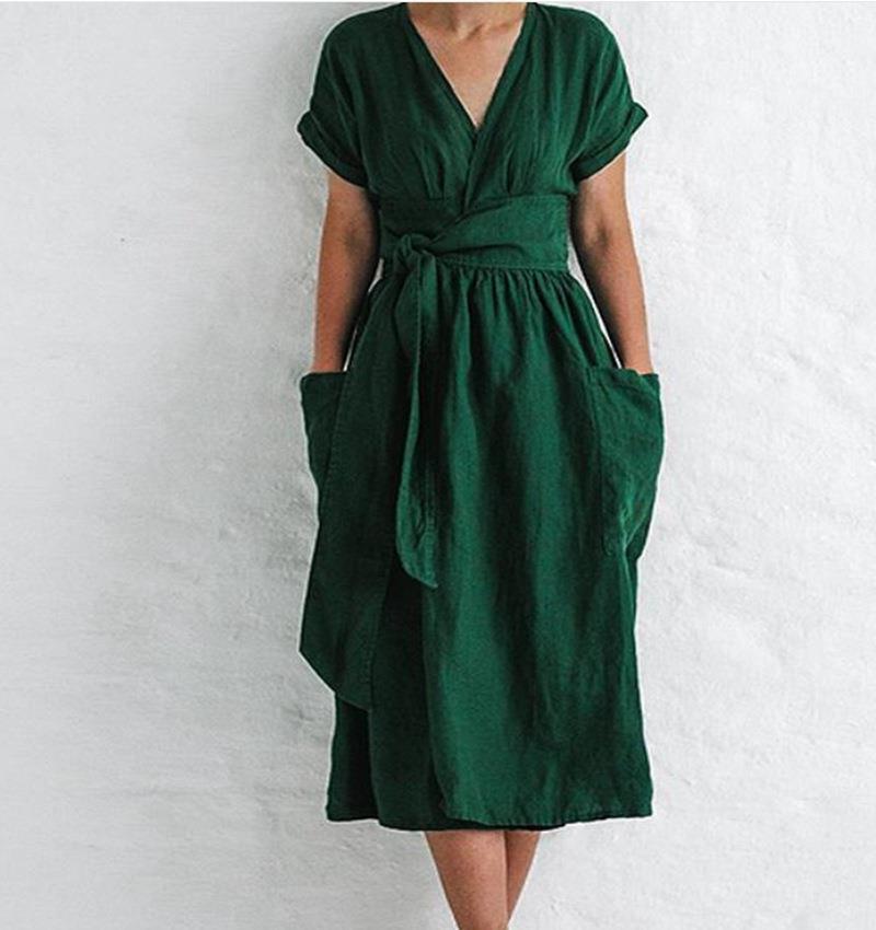 V Neck Short Sleeve Pocket Solid Color Cotton Linen Dress