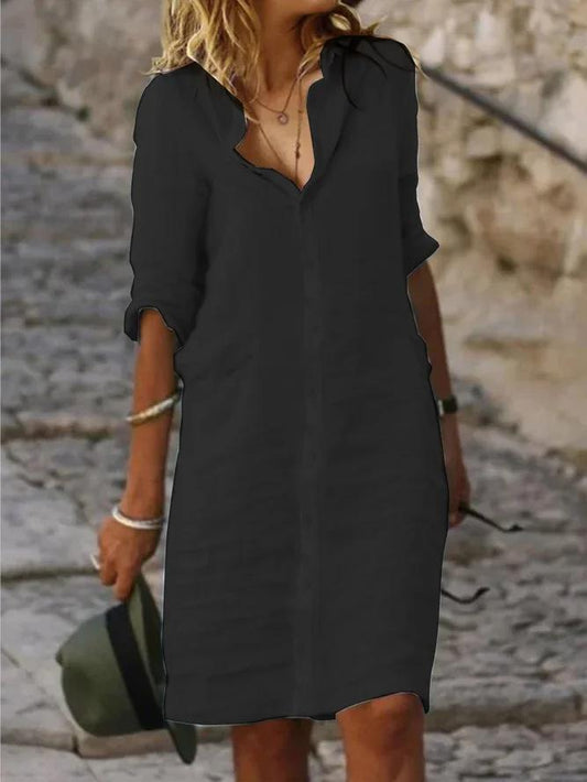 Solid Color Long Sleeve Button Down Linen Shirt Dress