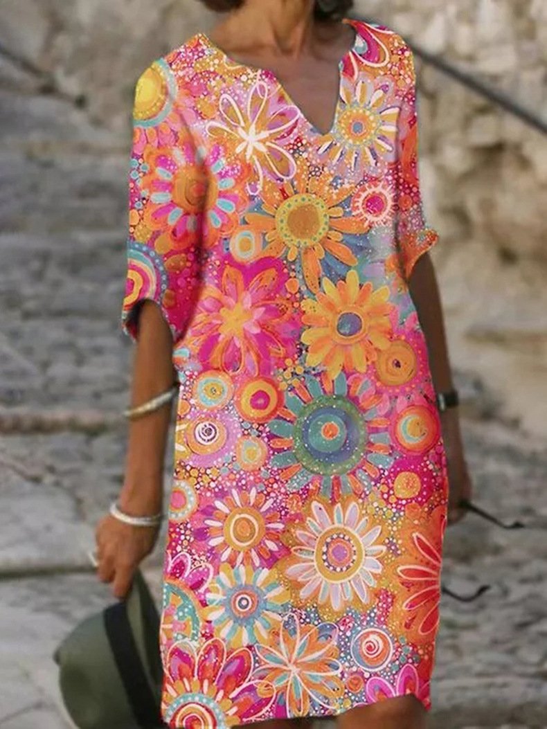 Casual printed short-sleeved v-neck dress