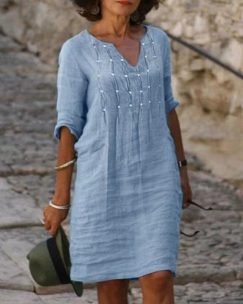 Cotton and linen small V-neck stitching retro three-quarter sleeve dress