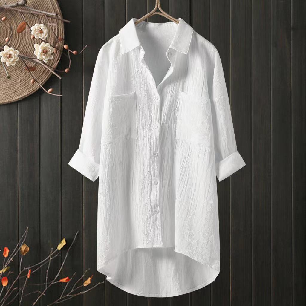 Solid Color Cotton Linen Shirt Loose Ladies Top