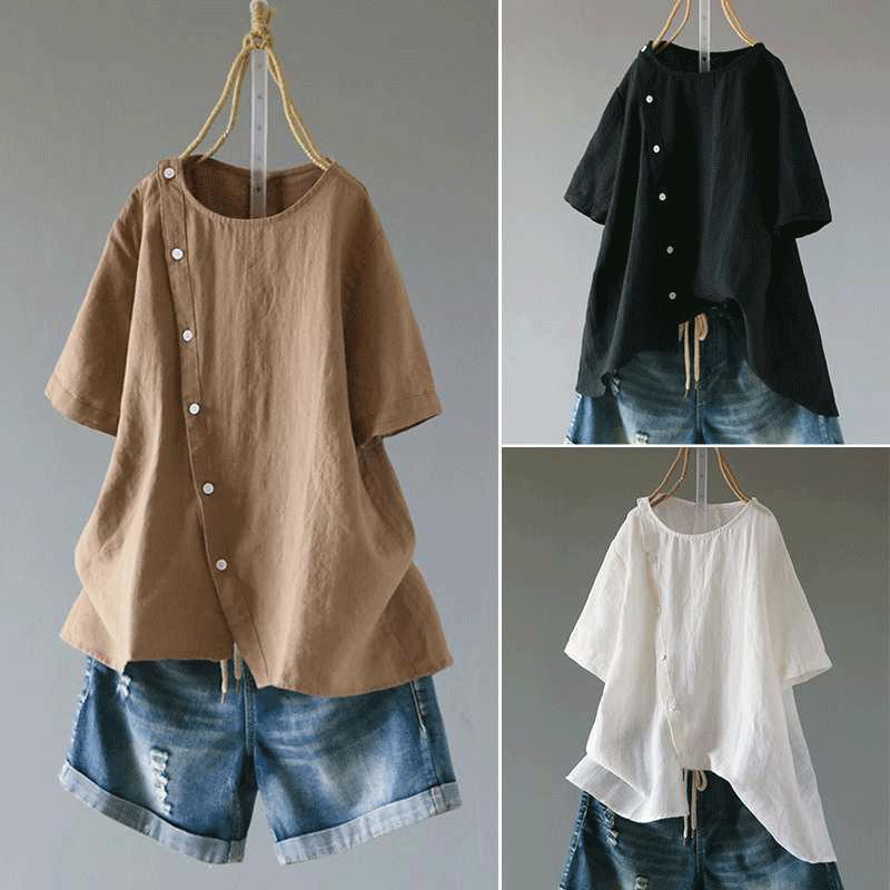 Short Sleeve O Collar Button Cotton Linen Irregular Hem Blouse