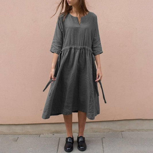 Casual tie V-neck cotton linen mid-sleeve dress