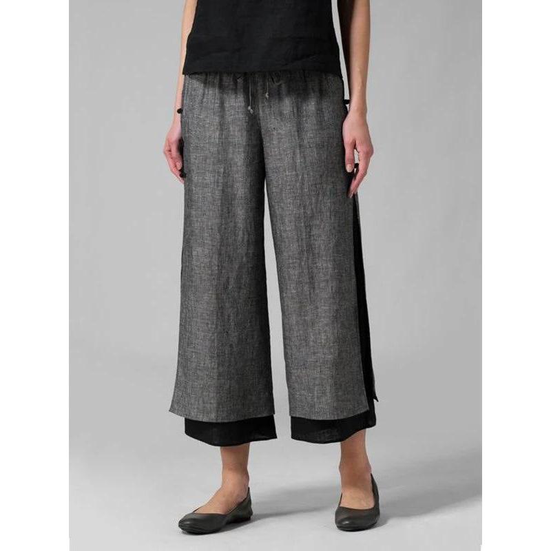 Color-block buckle casual cropped flared slit pants