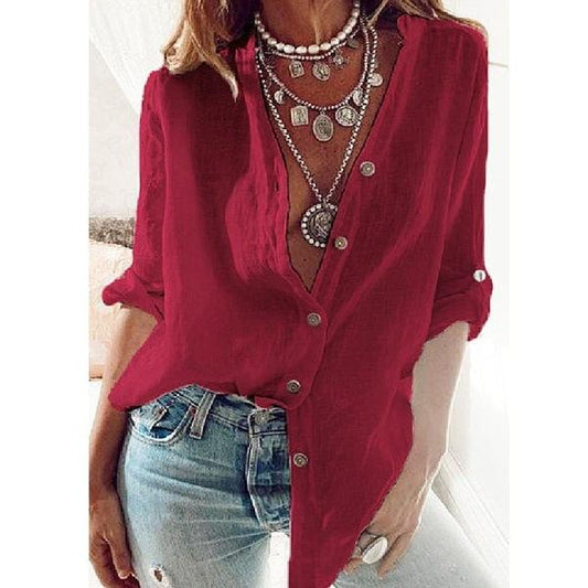 Women's Solid Color Cotton Loose V Neck Long Sleeve Top