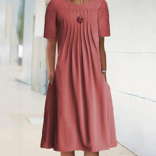 Solid Color Round Neck Pullover Short Sleeve Midi Dress