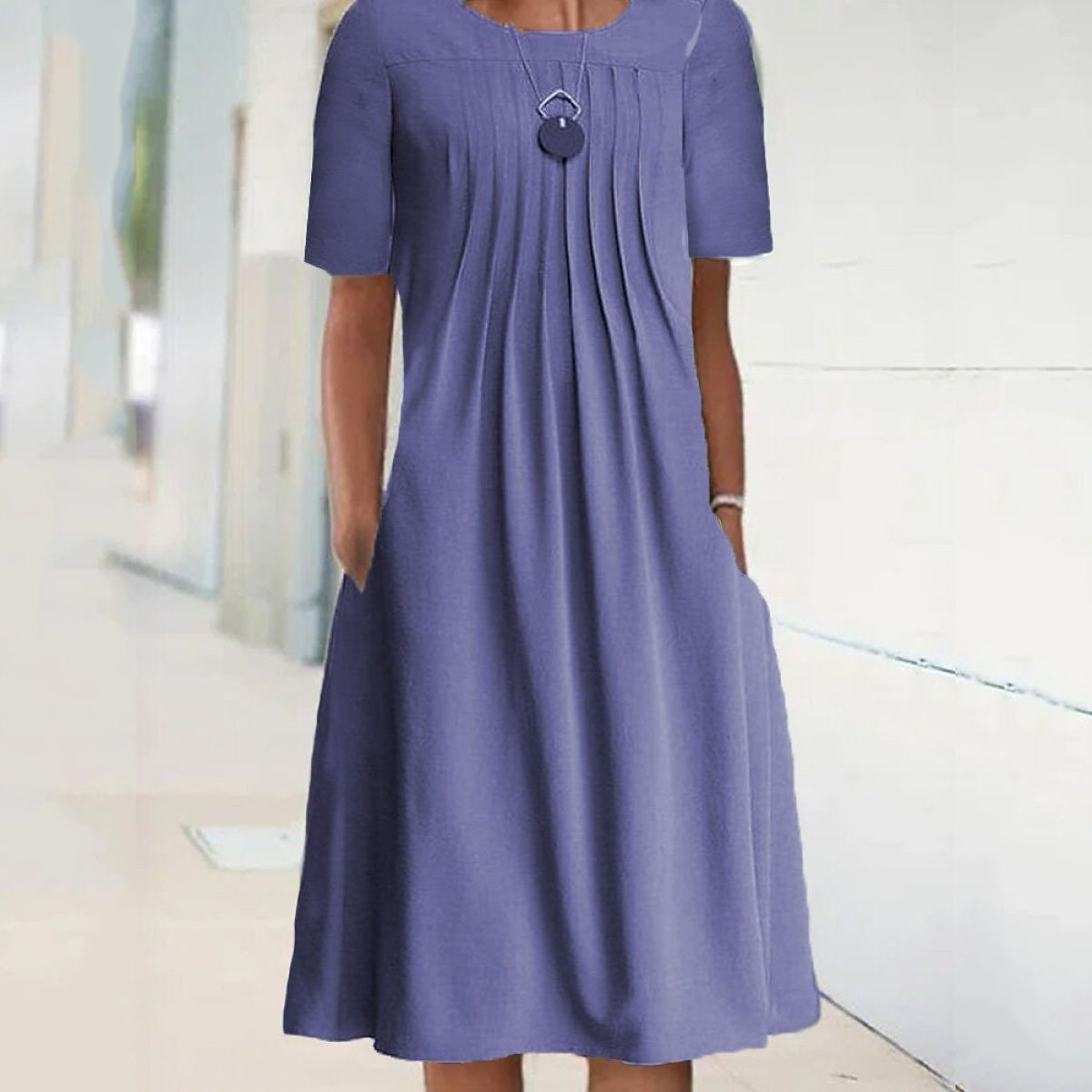 Solid Color Round Neck Pullover Short Sleeve Midi Dress