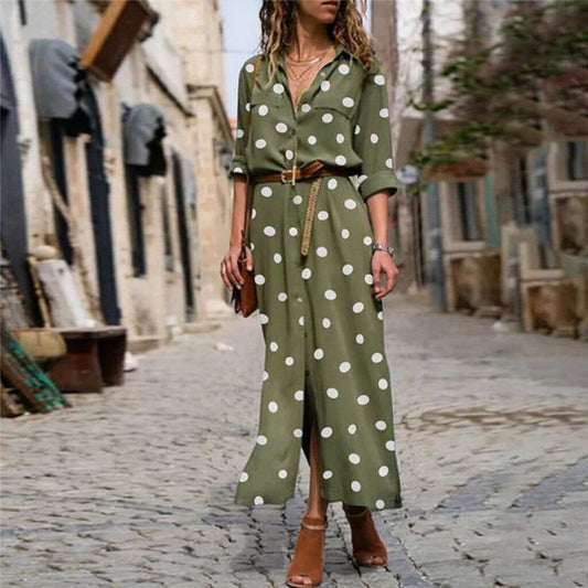 Polka-dot single-breasted maxi shirt dress