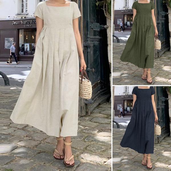 Short Sleeve Square Collar Elegant Casual Long Dress