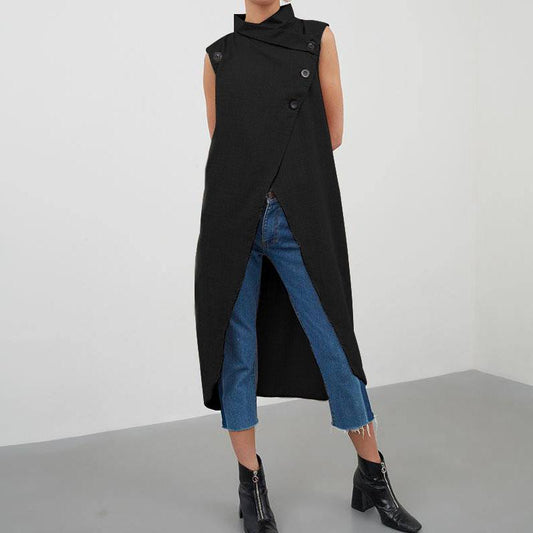 Asymmetric Sleeveless Top Loose Slit Long Sleeves