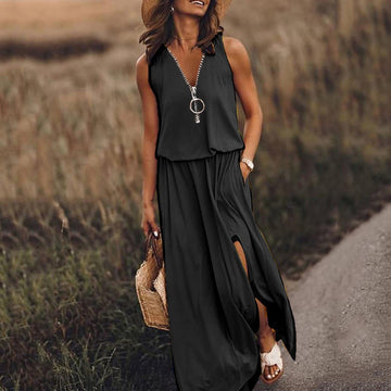 Sleeveless casual women's waist zipper dress