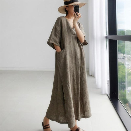 Women Solid Loose Maxi Dress with Pockets