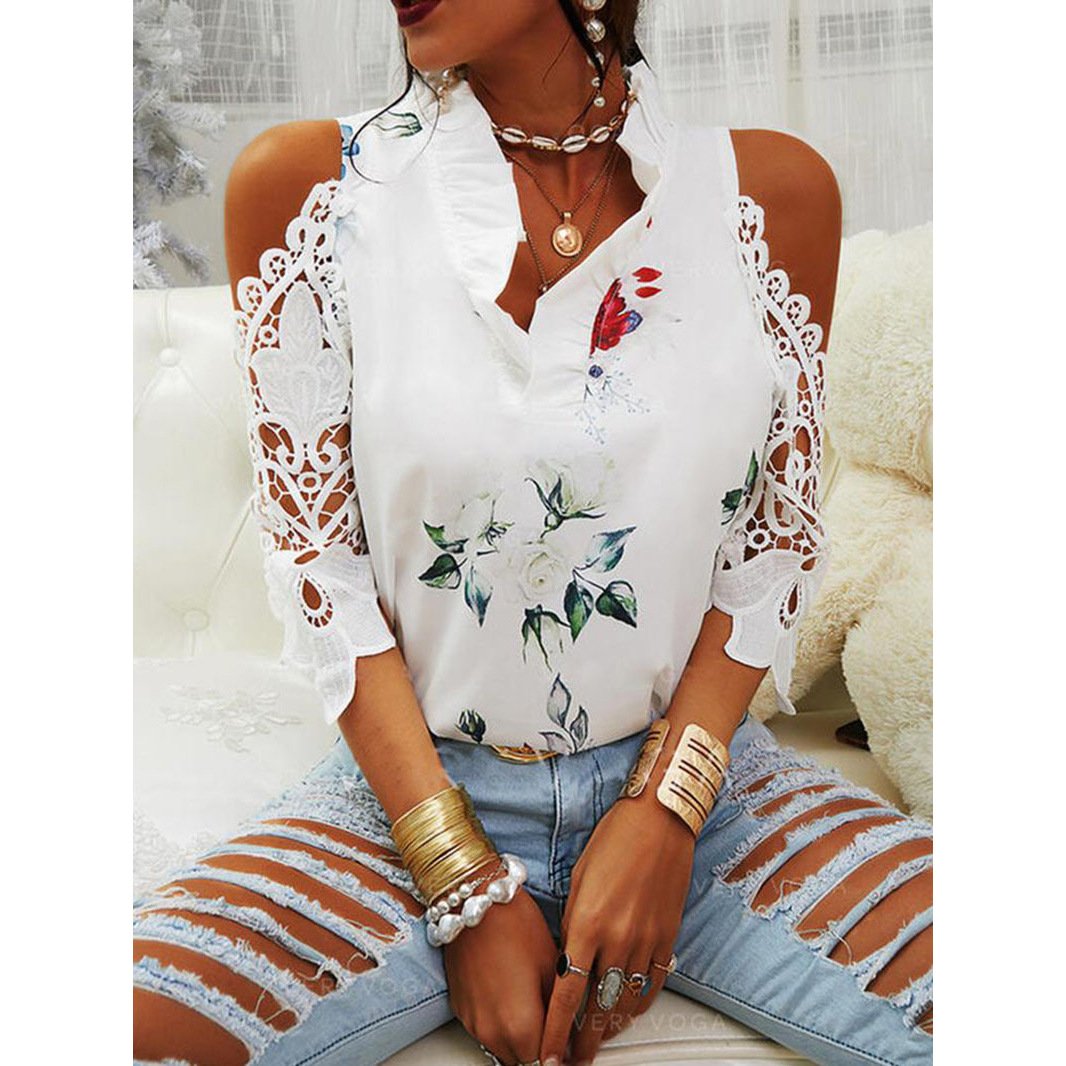 Women's Top Flower Print Off Shoulder Lace Panel Long Sleeves