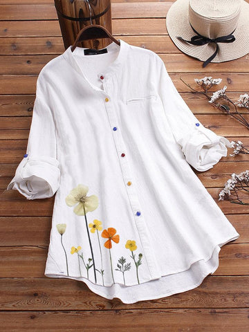 Printed Shirt Stand Collar Colorful Button Shirt Cotton Linen Women's Clothing