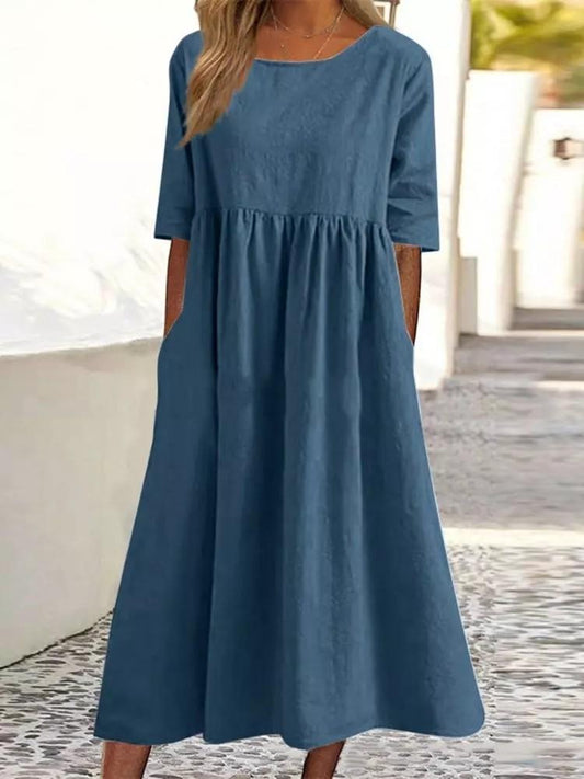 Round Neck Casual Loose Long Solid Color Cotton Linen Dress