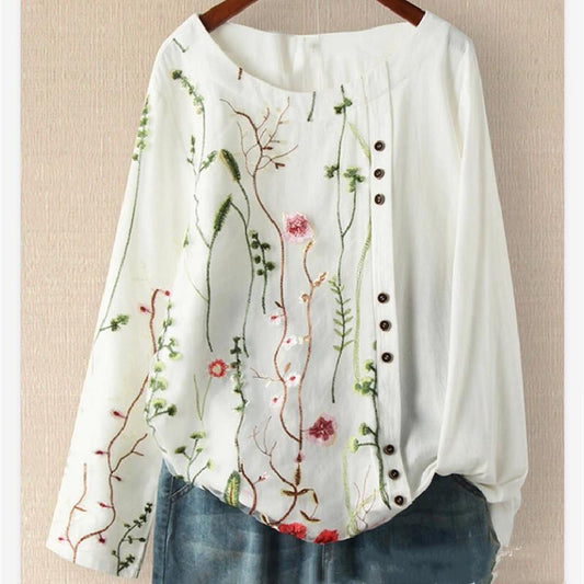 Women's Loose Cotton Linen Pullover Embroidered Round Neck Plus Size Top