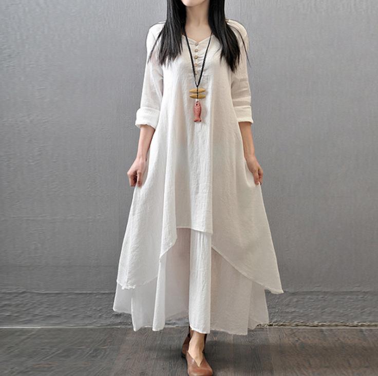 Casual loose fake two-piece long-sleeved cotton and linen dress