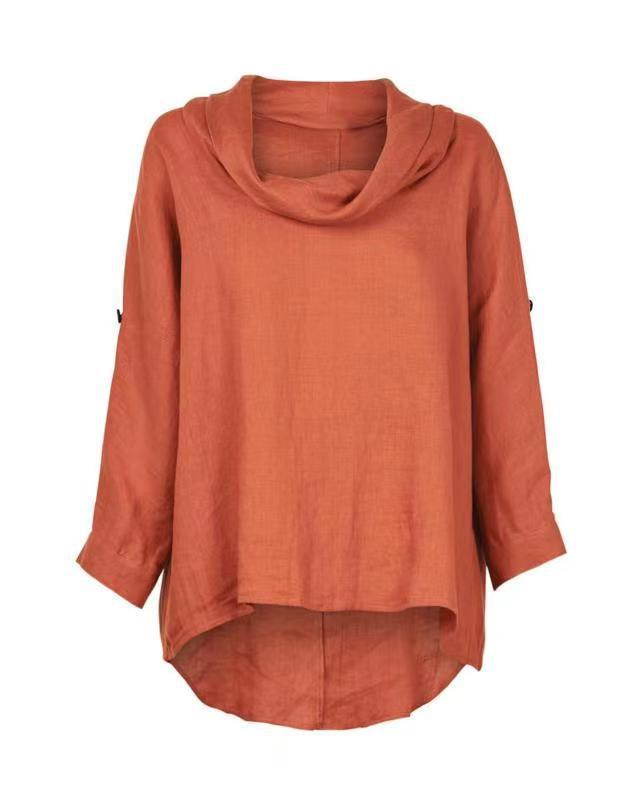 Ladies Solid Color Cotton Linen Casual Loose Pullover Shirt