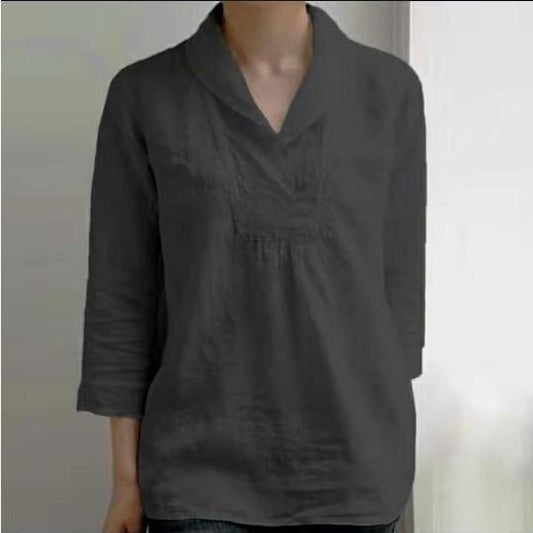 Nine quarter sleeve pullover loose cotton linen casual solid color top