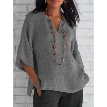 V-neck 3/4 sleeve linen solid color loose casual top