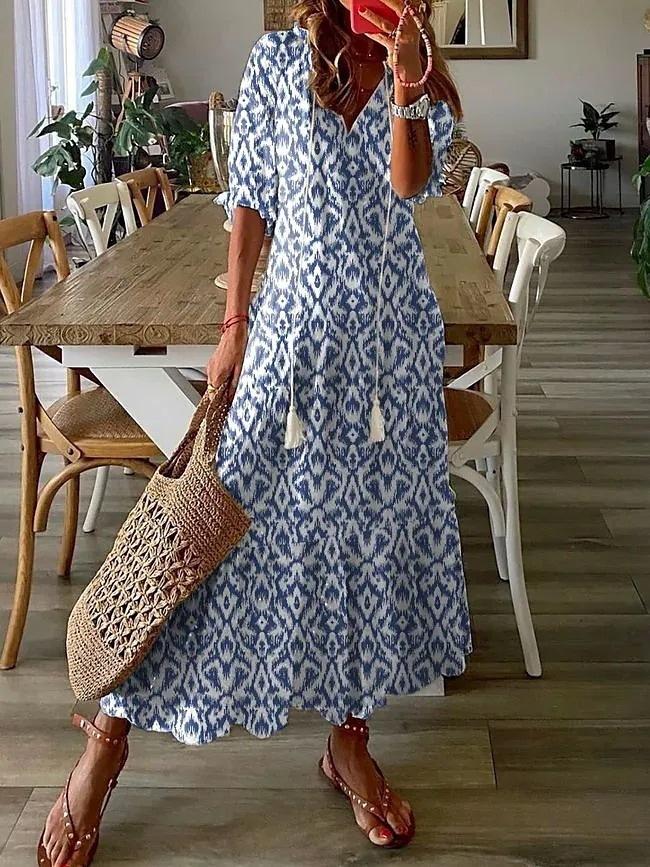 Women's V-neck printed mid-sleeve long dress