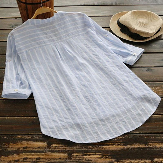 Casual V-neck Mid-Length Women's Shirt Striped Three-quarter Sleeve Shirt