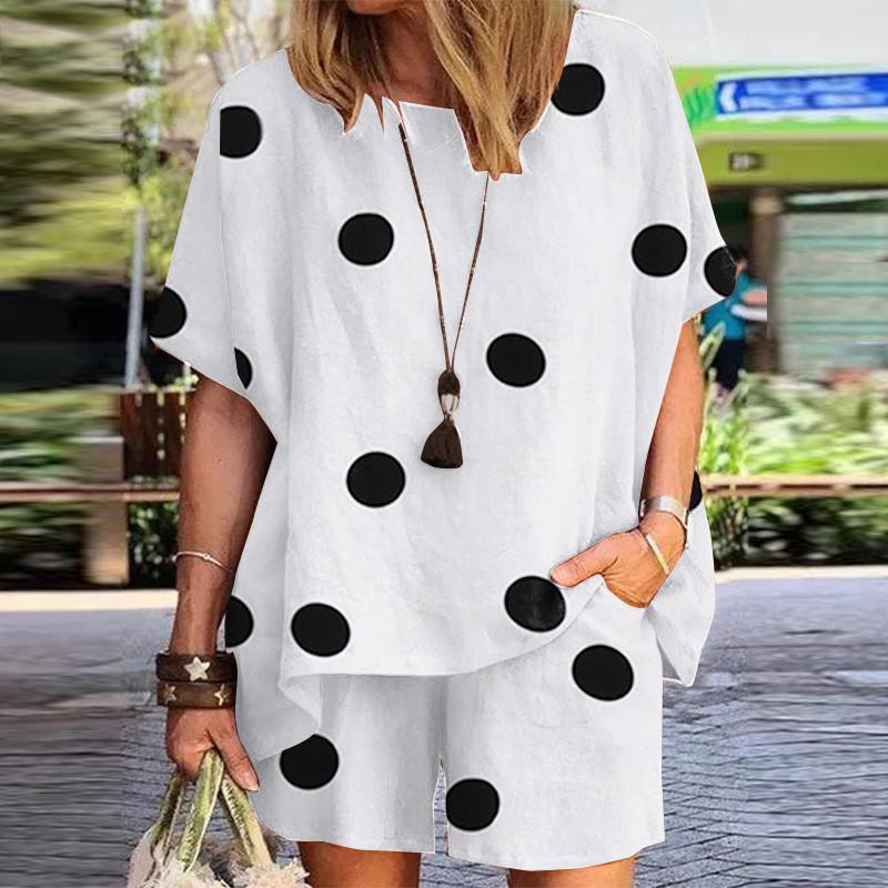 Women's Polka Dot Print Round Neck Loose Two-piece Set