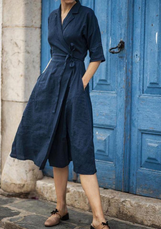 WOMEN'S COTTON LINEN BELTED LAPEL DRESS